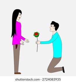 Um homem ajoelhado para dar uma flor a uma mulher. O homem está usando uma camisa azul e a mulher, uma rosa. A cena é romântica e amorosa