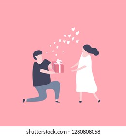 Man kneeling down and give a gift box to pretty woman. Couple in love concept.