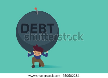 Man kneeling down on the floor because carrying a big bomb of debt on his shoulder. This Illustration is concept about credit card debt.
