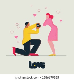 Man kneeling down and propose marriage to woman. Flat illustration for Valentines day
