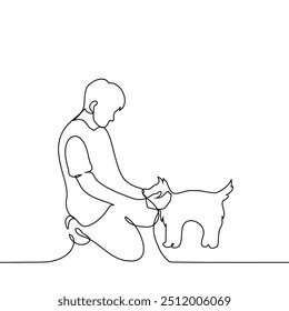 man kneeling down and stroking a dog - one line art vector. concept male dog man, owner and pet. Handmade vector not AI