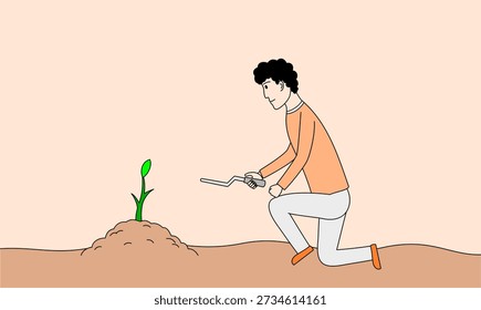 Man is kneeling down and tending to a small plant. Concept of care and nurturing, as the man is actively tending to the plant's needs