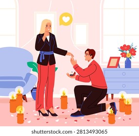 Man kneeling with an engagement ring and proposing to a woman in a room decorated with candles, flowers and rose petals. Vector illustration