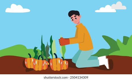 Man kneeling in a garden, arranging pumpkins and plants, in a vibrant setting.

