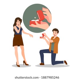 A man kneeling to give a diamond ring to married women. The designed in romantic concept of people giving love to each other for the festival of love such as Valentine's Day.