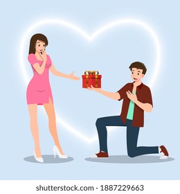 A man kneeling to give a present gift to women. The designed in romantic concept of people giving love to each other for the festival of love such as Valentine's Day.