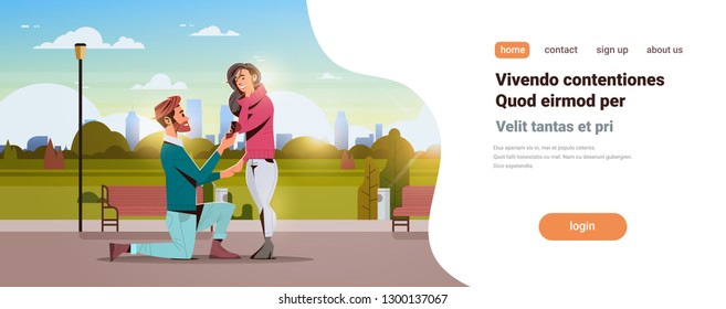 man kneeling holding engagement ring proposing woman marry him happy valentines day concept city park cityscape couple in love marriage offer copy space