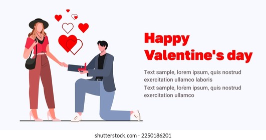 Man kneeling holding engagement ring proposing  woman marry him. Couple in love, wedding, marriage. Valentines day, love and romantic concept. Vector illustration concept for website development