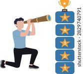 Man Kneeling Looking Through Telescope at Rating Star Goals Vector
