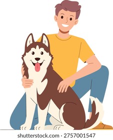 A man kneeling next to a brown and white husky dog