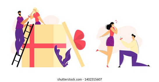 Man Kneeling Offering Engagement Ring to his Girlfriend. Young Guy on Knees Proposing Girl to Marry. Marriage Proposal Concept. Vector flat illustration
