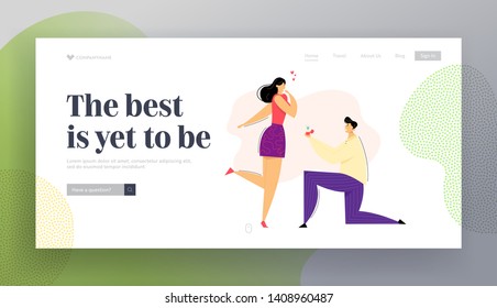 Man Kneeling Offering Engagement Ring to his Girlfriend Landing Page. Young Guy on Knees Proposing Girl to Marry. Marriage Proposal Website Banner Concept. Vector flat illustration