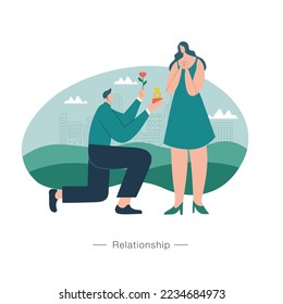 Man Kneeling Offering Engagement Ring to his Girlfriend. relationship concept illustration