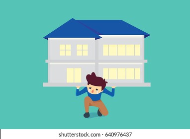 Man kneeling on the floor because he have burden about house too heavy to carry alone. Illustration about debt.