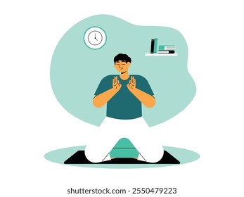 El hombre está arrodillado en la estera con ambas manos frente al pecho con calma y los ojos cerrados, fondo de reloj de pared, estantería, actividad de relajación, Ilustración vectorial de meditación.