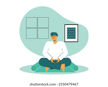 El hombre está arrodillado en la estera con ambas manos frente al pecho con calma y los ojos cerrados, fondo de reloj de pared, estantería, actividad de relajación, Ilustración vectorial de meditación.