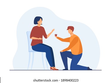 Man kneeling on one knee and giving little present to woman. Boyfriend propose girlfriend. Flat vector illustration. Special date, engagement concept for banner, website design or landing web page