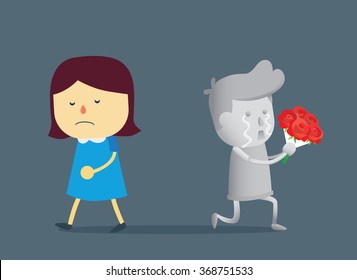 Man in kneeling posture  had a shock because the woman refused his flower. He is solid as a rock from broken heart. 