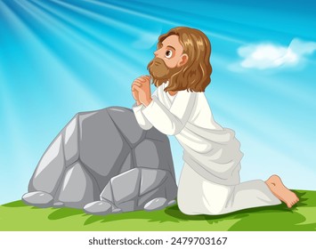 A man kneeling and praying by a rock