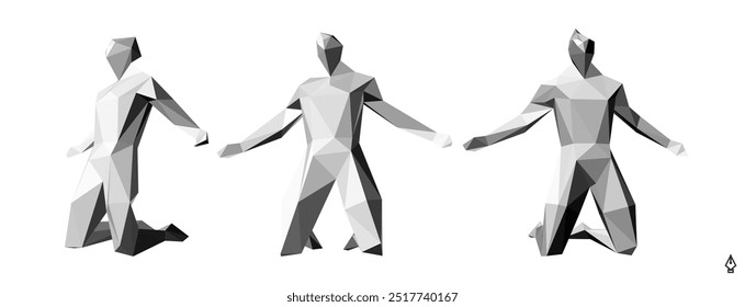 Hombre arrodillado y orando a Dios. Ilustración vectorial 3D en estilo poligonal abstracto de moda.