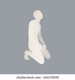 Man Kneeling And Praying To God. 3D Human Body Model. Design Element. Vector Illustration.