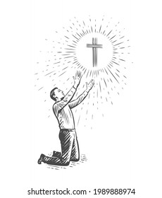 Man kneeling praying to God. Faith, prayer concept. Sketch vector illustration