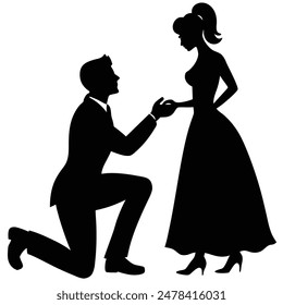 A man kneeling proposing to a woman in silhouette vector illustration