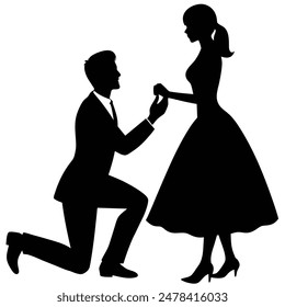 A man kneeling proposing to a woman in silhouette vector illustration