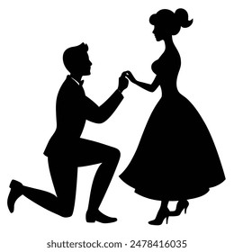 A man kneeling proposing to a woman in silhouette vector illustration