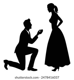 A man kneeling proposing to a woman in silhouette vector illustration