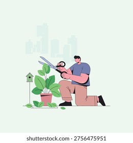 Man kneeling and pruning plant with large scissors