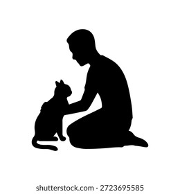 Man kneeling, stroking a cat, showing pet friendship and care