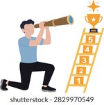 Man Kneeling with Telescope Looking at Numbered Ladder Trophy Vector