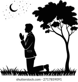 O homem está ajoelhado sob a árvore no céu claro da noite cheio de estrelas e silhueta da lua crescente ajoelhado orando grama adoração paisagem calma ao ar livre