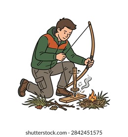 A man is kneeling and using a bow drill to create fire, demonstrating a primitive survival skill in a natural setting.