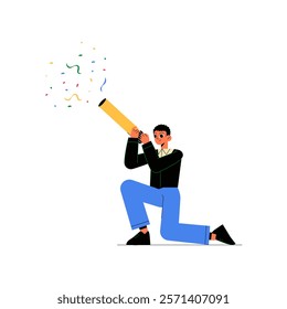 Man Kneeling And Using A Confetti Cannon In Flat Vector Illustration Symbolizing Festivity, Joy, And Party Celebration, Isolated On White Background.