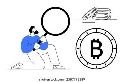 Man kneeling while holding a large magnifying glass examining cryptocurrency symbols, currency coin stack, and bitcoin symbol. Ideal for financial analysis, investment strategies, cryptocurrency