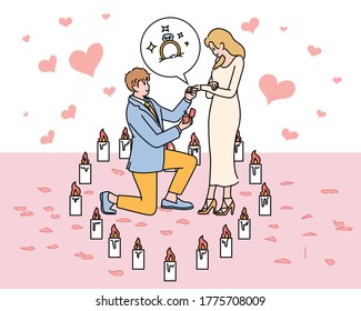 A man is kneeling to a woman and proposing. hand drawn style vector design illustrations. 