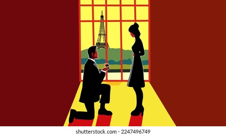 Hombre se arrodilla frente a una mujer. Él sujeta una caja de anillo y pregunta si ella quiere casarse con él. Participación de una pareja en ParísLa Torre Eiffel se puede ver al fondo. Ilustración del vector con spa de copia