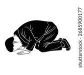 Man kneels with head bowed and ask for forgiveness,  expressing apology, guilt, and embarrassment, vector illustration.
