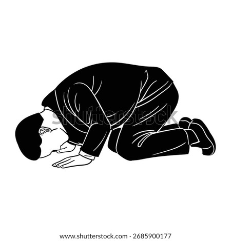 Man kneels with head bowed and ask for forgiveness,  expressing apology, guilt, and embarrassment, vector illustration.
