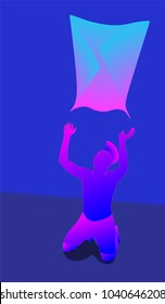 A man kneels and lifts his hands to the sky