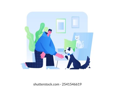 Um homem se ajoelha no chão para acariciar um cachorro em um quarto iluminado com plantas e um gato em uma cadeira próxima. Ilustração vetorial