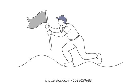 Man kneels on the ground, reaching to pick up a flag continuous line art flat vector illustration on white background