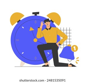 A man kneels with one knee on the ground, holding his ear as if listening closely, with a large alarm clock behind him. The scene suggests he is attentively awaiting or hearing an alarm. Vector flat. 