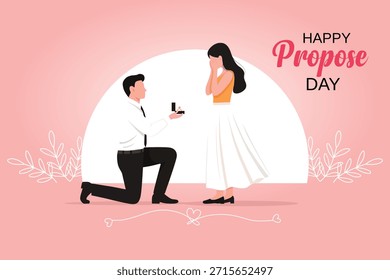 Un hombre se arrodilla para proponer con un anillo a una mujer sorprendida en esta romántica Ilustración vectorial de Feliz Día de la Proposición.
