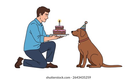 A Man Kneels While Presenting a Birthday Cake to His Dog at Party