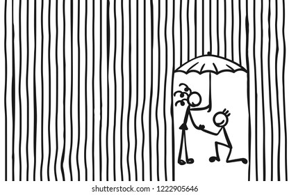 Man knees ask woman with umbrella to marry under heavy rain, Stick figures people romantic relationship, Striped background