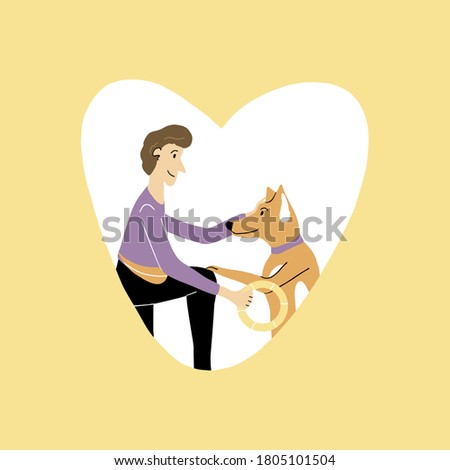 The man knelt down and the big red dog put its paw on the owner's knee while they walked and played with pet toys