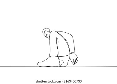 man knelt down with one leg sticking out foot close-up of foot - one line drawing vector. concept an unusual angle for a portrait photo; demonstration of sneakers, shoes